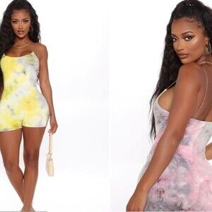 Fashion Nova pink tie dye spaghetti strap romper playsuit jumper